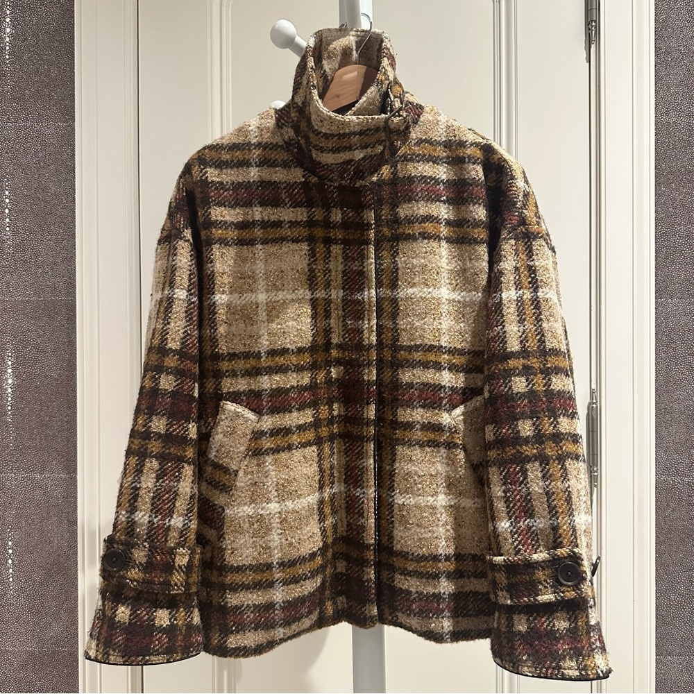 Oversized Balmacaan jacket (M, neutral plaid, Banana Republic)